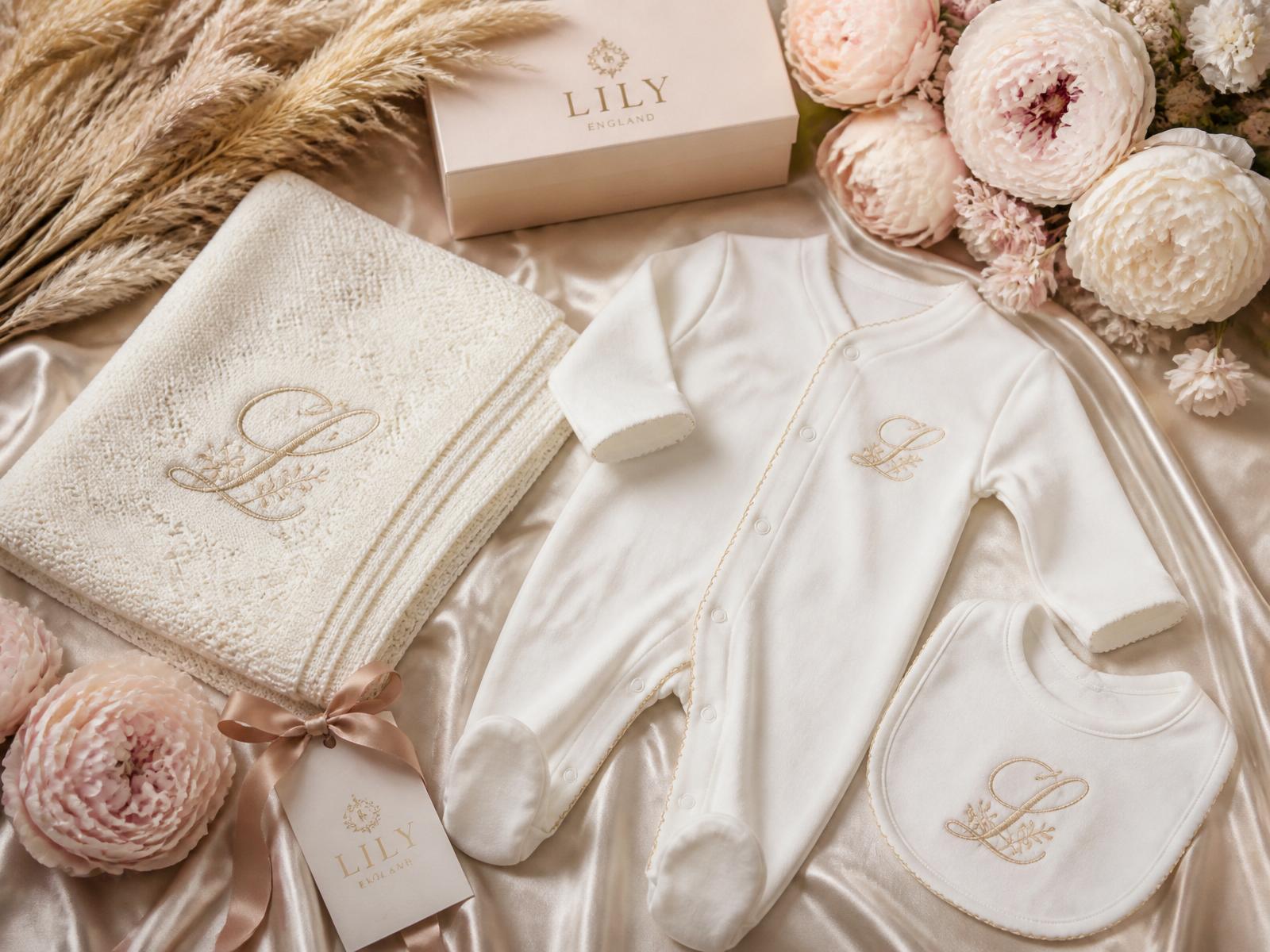 Luxury personalised embroidered baby clothing gift set